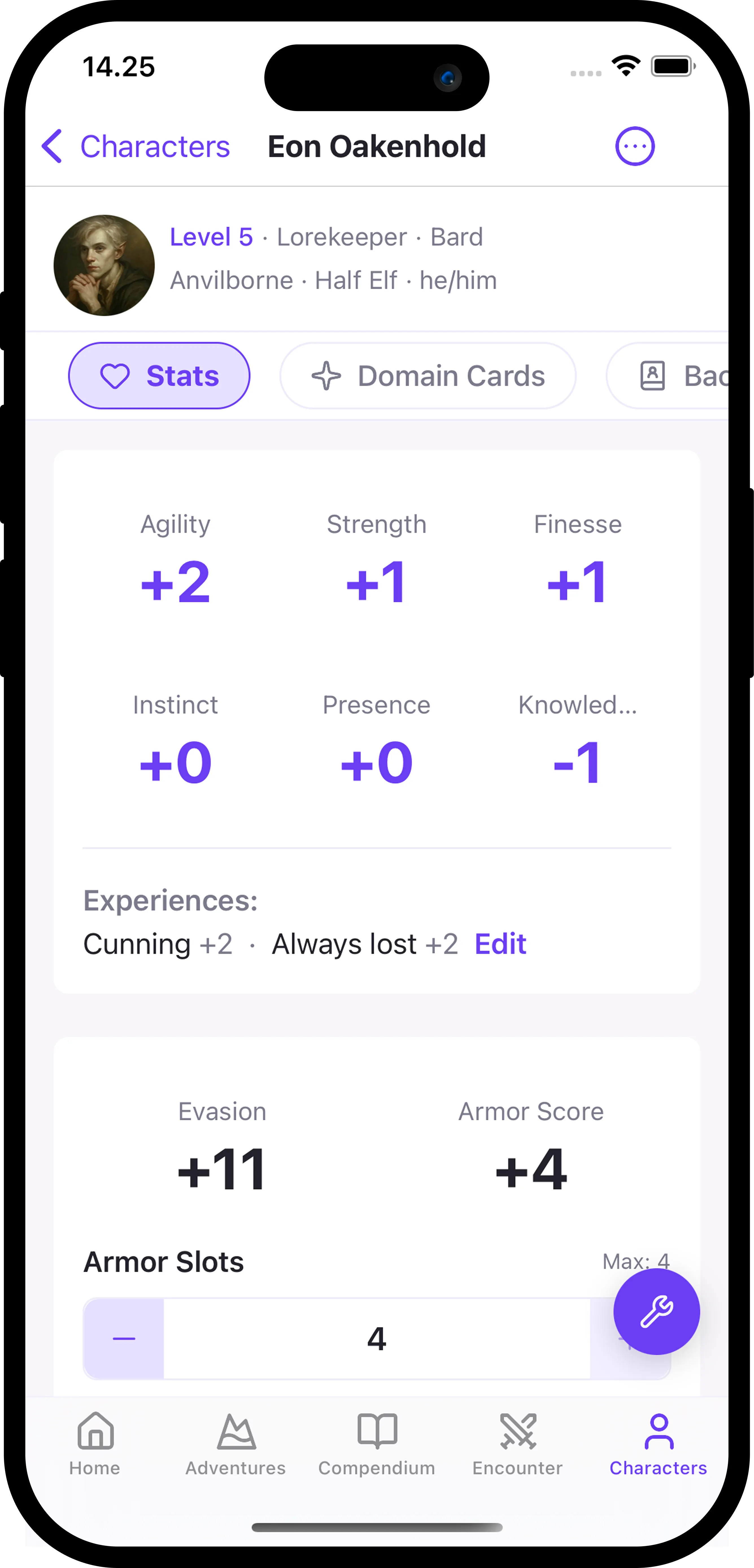 Character Sheet in Heartforge