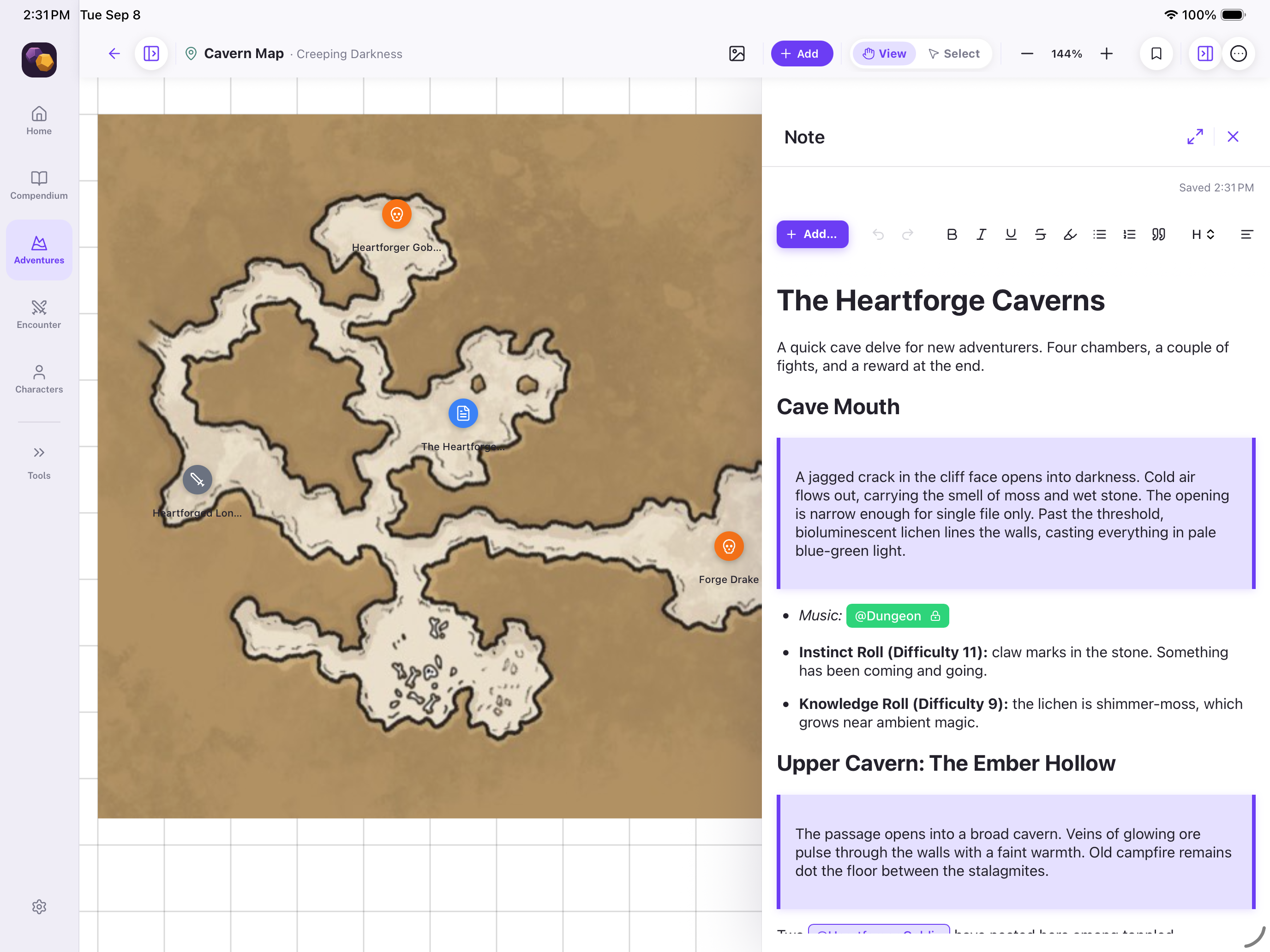 Heartforge tablet map editor with an interactive note overlay open